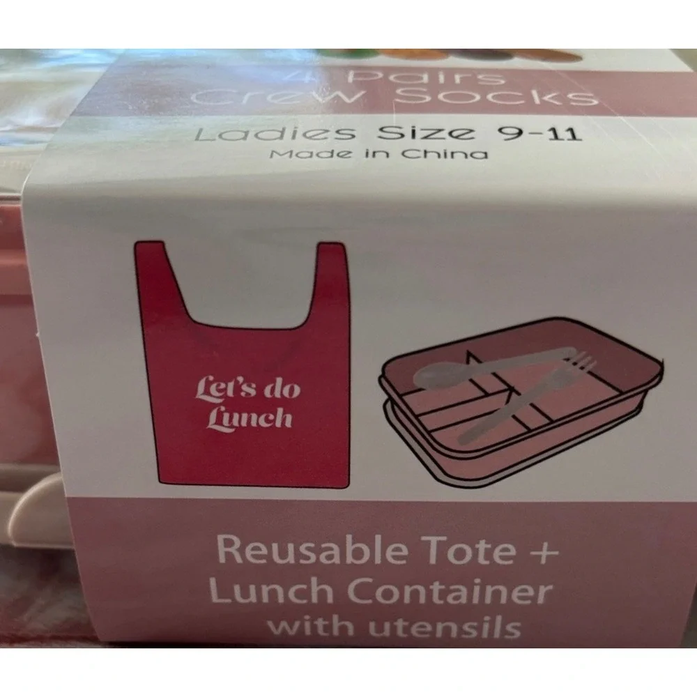 Lunch Socks 4 Pairs Crew Socks Set with Bento Box Utensils & Reusable Tote Bag